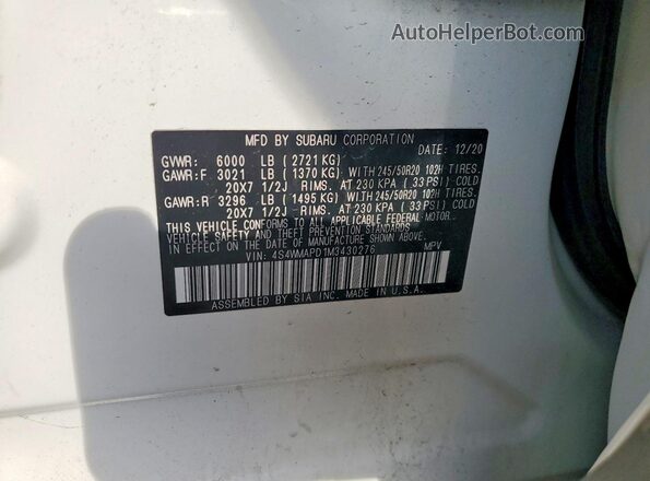 4S4WMAPD1M3430276 2021 SUBARU ASCENT Белый 