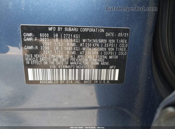 4S4WMAPD1M3450379 2021 SUBARU ASCENT Blue 