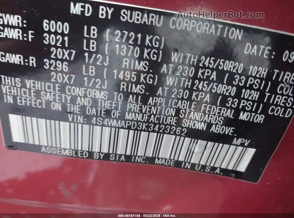 4S4WMAPD3K3423262 2019 SUBARU ASCENT Burgundy 