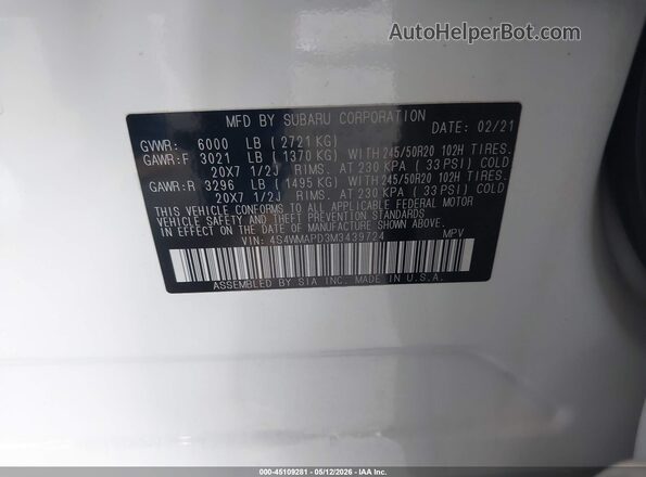 4S4WMAPD3M3439724 2021 SUBARU ASCENT White Widok komory silnika