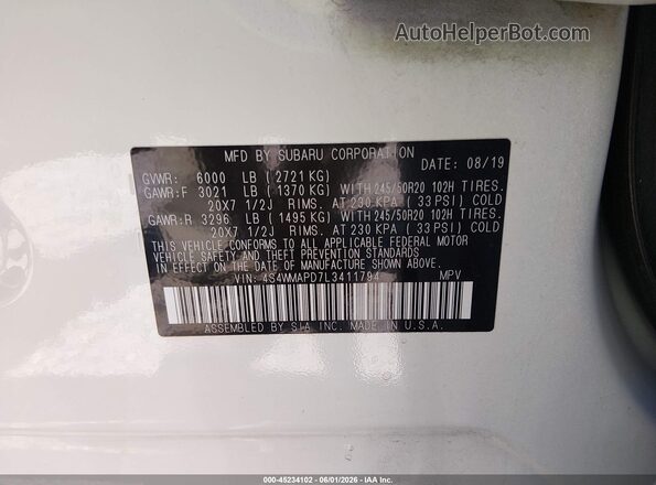 4S4WMAPD7L3411794 2020 SUBARU ASCENT White Շարժիչի բաժամունքի տեսք