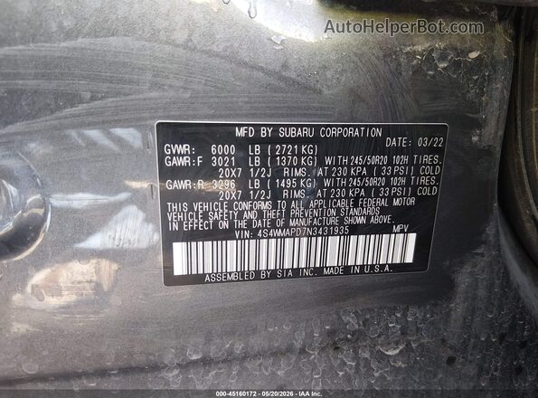 4S4WMAPD7N3431935 2022 SUBARU ASCENT Blue 