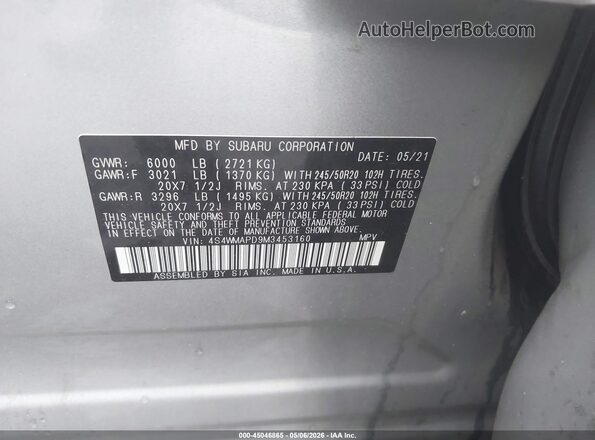 4S4WMAPD9M3453160 2021 SUBARU ASCENT Silver Widok komory silnika