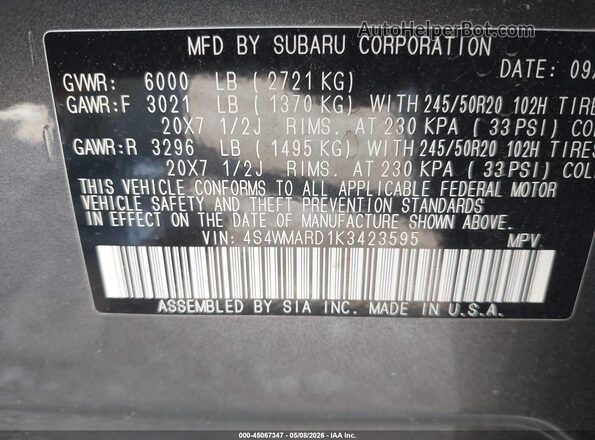 4S4WMARD1K3423595 2019 SUBARU ASCENT Black 