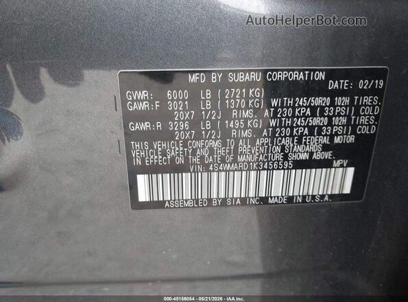 4S4WMARD1K3456595 2019 SUBARU ASCENT Gray Շարժիչի բաժամունքի տեսք