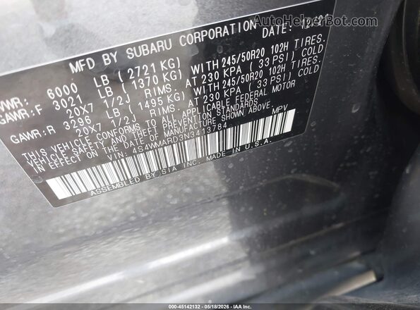 4S4WMARD3N3413784 2022 SUBARU ASCENT Black Շարժիչի բաժամունքի տեսք