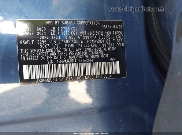 4S4WMARD4L3454244 2020 SUBARU ASCENT Blue Շարժիչի բաժամունքի տեսք