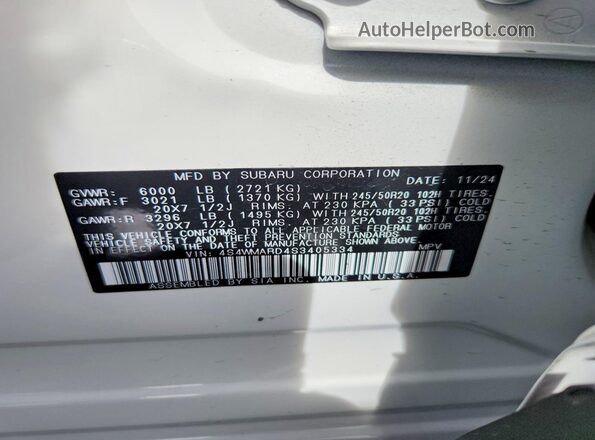 4S4WMARD4S3405334 2025 SUBARU ASCENT White Вид наклейки з VIN-кодом