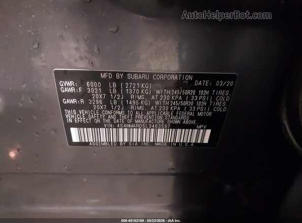 4S4WMARD5L3463597 2020 SUBARU ASCENT Black ძრავის განყოფილების ხედი