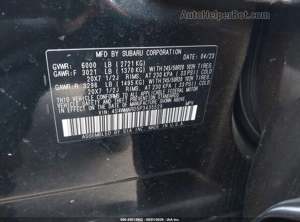 4S4WMARD5P3435529 2023 SUBARU ASCENT Black Շարժիչի բաժամունքի տեսք