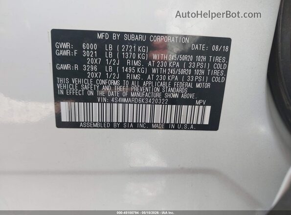 4S4WMARD6K3420322 2019 SUBARU ASCENT White Շարժիչի բաժամունքի տեսք
