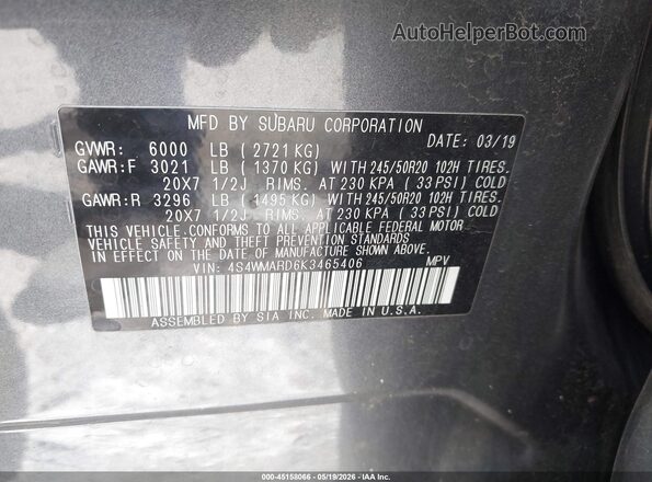 4S4WMARD6K3465406 2019 SUBARU ASCENT Gray Вид підкапотного простору
