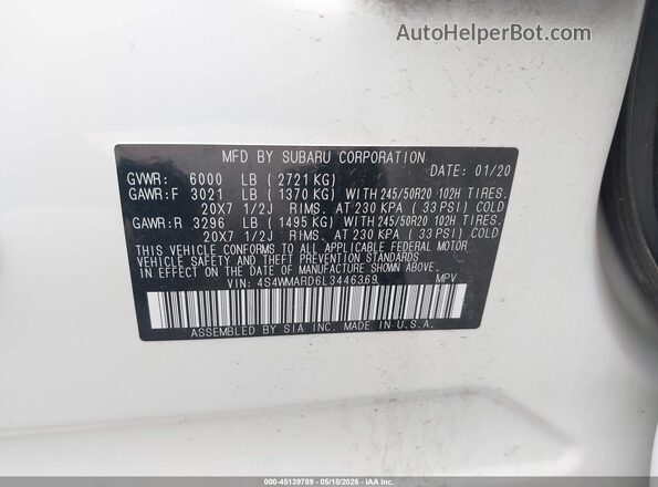 4S4WMARD6L3446369 2020 SUBARU ASCENT White Engine compartment view