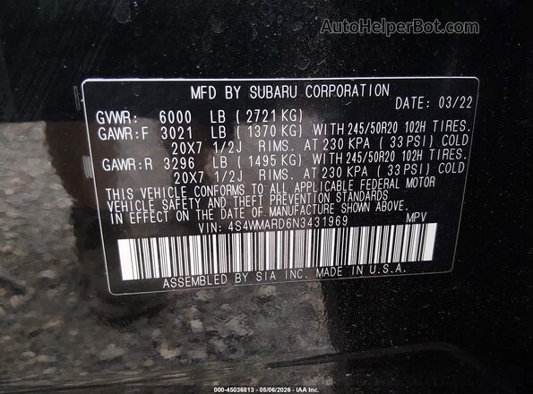 4S4WMARD6N3431969 2022 SUBARU ASCENT Black Вид підкапотного простору