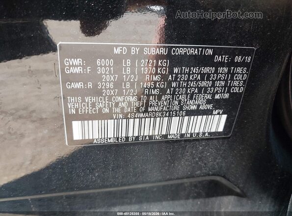 4S4WMARD8K3415106 2019 SUBARU ASCENT Black ძრავის განყოფილების ხედი