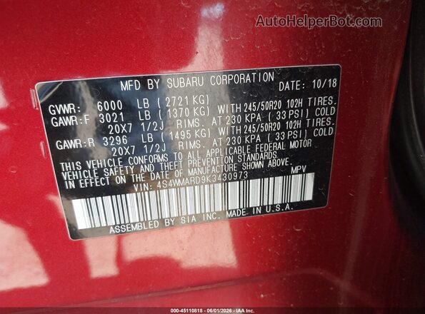4S4WMARD9K3430973 2019 SUBARU ASCENT Red Widok komory silnika