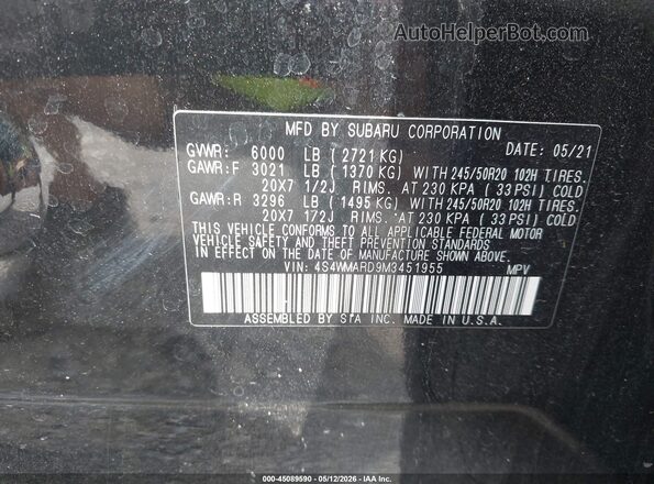 4S4WMARD9M3451955 2021 SUBARU ASCENT Black Vista del compartimento del motor