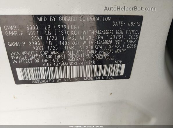4S4WMARDXL3411155 2020 SUBARU ASCENT Белый 