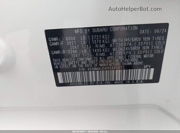 4S4WMAUD6R3445612 2024 SUBARU ASCENT White Widok komory silnika