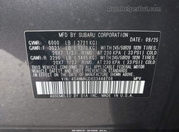 4S4WMAUD6S3444708 2025 SUBARU ASCENT Серый Вид подкапотного пространства