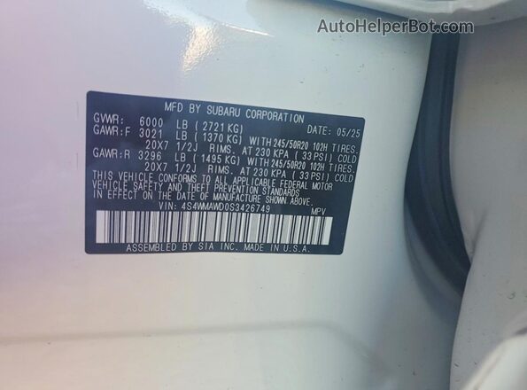 4S4WMAWD0S3426749 2025 SUBARU ASCENT White Панорамний вид салону 360°