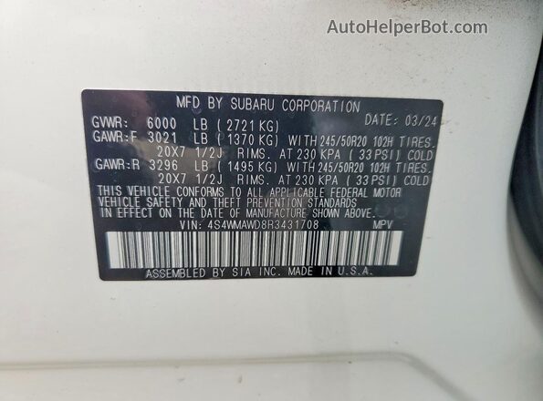 4S4WMAWD8R3431708 2024 SUBARU ASCENT White Панорамний вид салону 360°