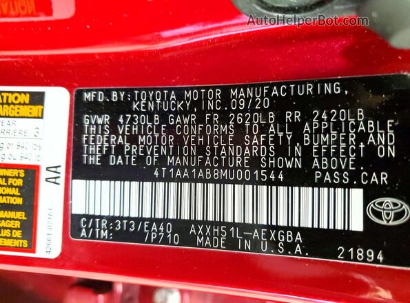 4T1AA1AB8MU001544 2021 TOYOTA LE Красный Вид подкапотного пространства