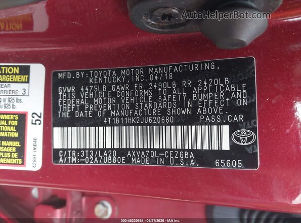 4T1B11HK2JU620680 2018 TOYOTA CAMRY Red ძრავის განყოფილების ხედი