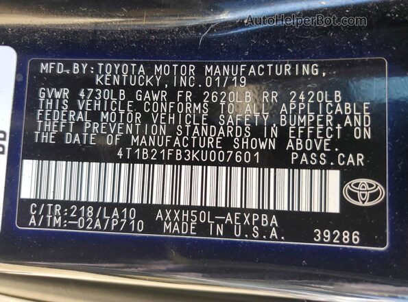 4T1B21FB3KU007601 2019 TOYOTA AVALON Black ძრავის განყოფილების ხედი