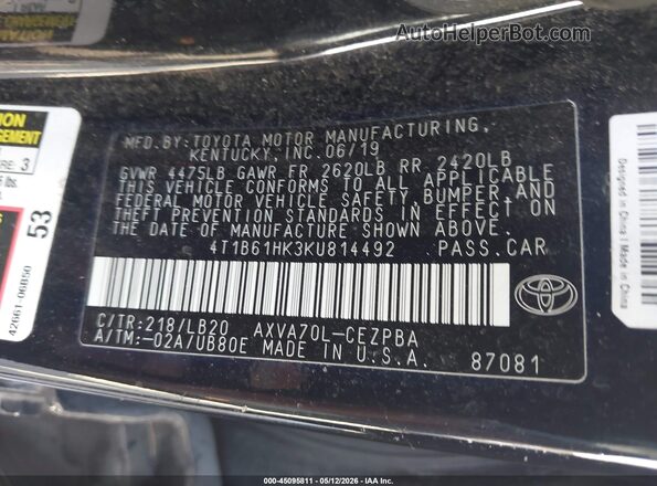4T1B61HK3KU814492 2019 TOYOTA CAMRY Black Widok komory silnika