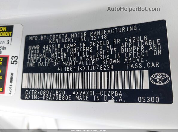 4T1B61HKXJU078228 2018 TOYOTA CAMRY White Շարժիչի բաժամունքի տեսք