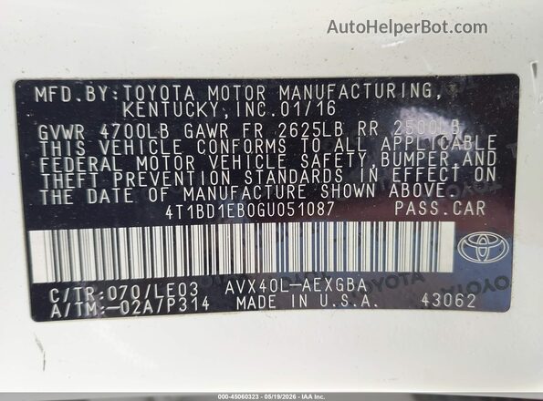 4T1BD1EB0GU051087 2016 TOYOTA AVALON HYBRID White ძრავის განყოფილების ხედი