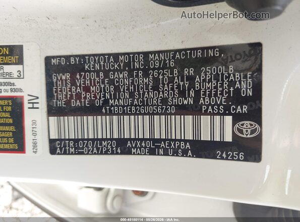 4T1BD1EB2GU056730 2016 TOYOTA AVALON HYBRID White Widok komory silnika