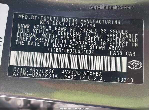 4T1BD1EB3GU051097 2016 TOYOTA LIMITED Gray Engine compartment view