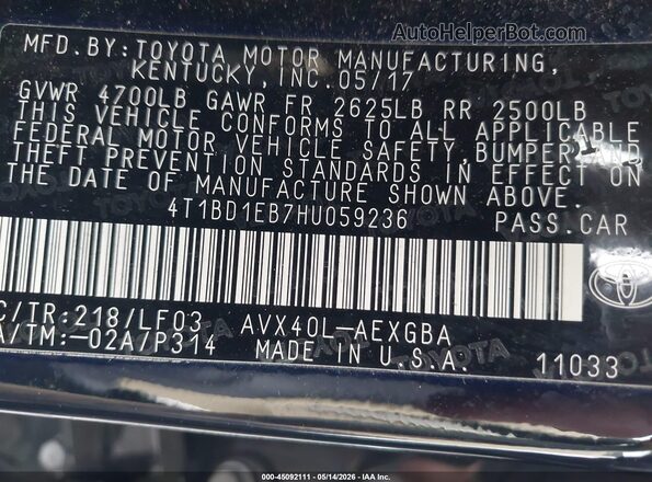 4T1BD1EB7HU059236 2017 TOYOTA LE Черный Вид подкапотного пространства