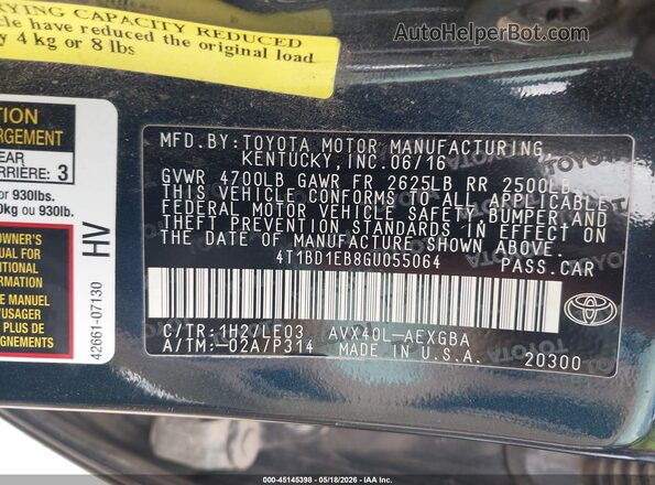 4T1BD1EB8GU055064 2016 TOYOTA AVALON HYBRID Black ძრავის განყოფილების ხედი