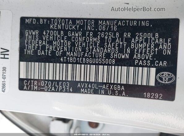 4T1BD1EB9GU055008 2016 TOYOTA AVALON HYBRID White Widok komory silnika