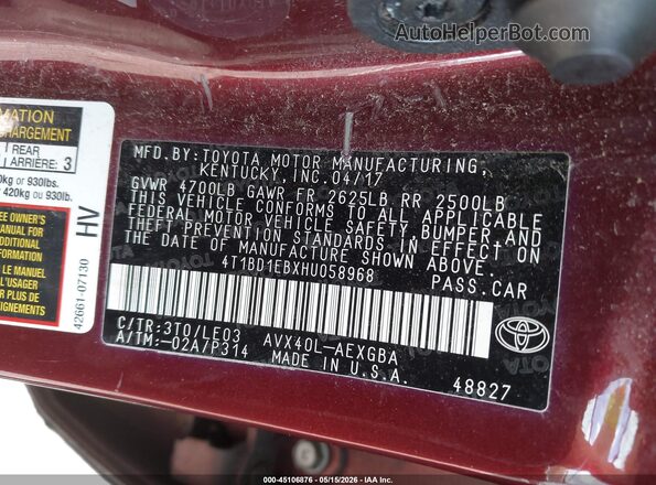 4T1BD1EBXHU058968 2017 TOYOTA AVALON HYBRID Red Vista del compartimento del motor