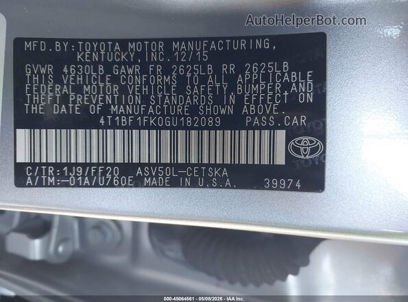 4T1BF1FK0GU182089 2016 TOYOTA CAMRY Silver Engine compartment view