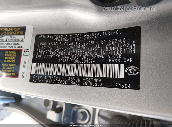 4T1BF1FK0HU801324 2017 TOYOTA LE Silver Engine compartment view