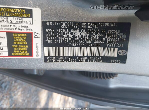 4T1BF1FK1GU246785 2016 TOYOTA CAMRY Серый Вид подкапотного пространства