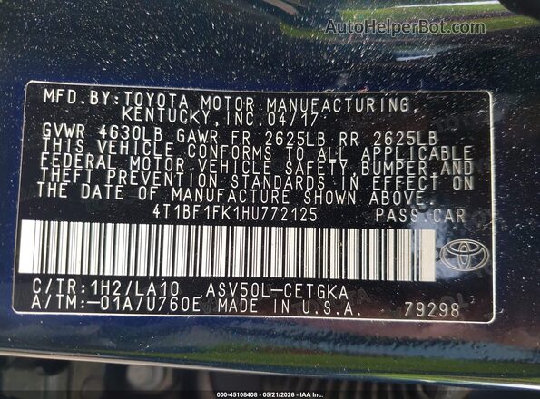 4T1BF1FK1HU772125 2017 TOYOTA CAMRY Green 