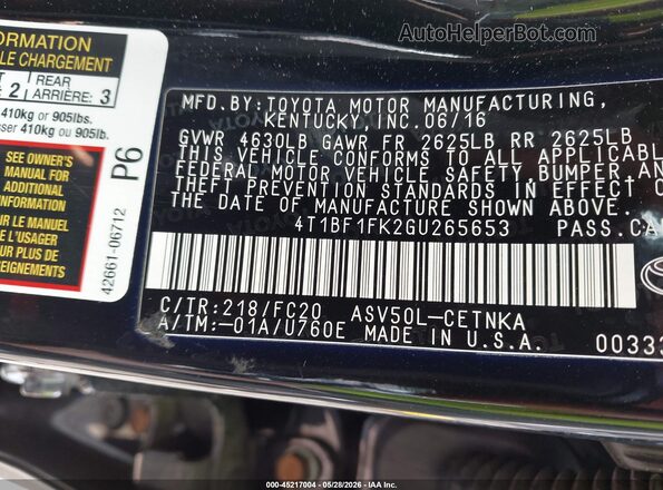 4T1BF1FK2GU265653 2016 TOYOTA CAMRY Black Շարժիչի բաժամունքի տեսք
