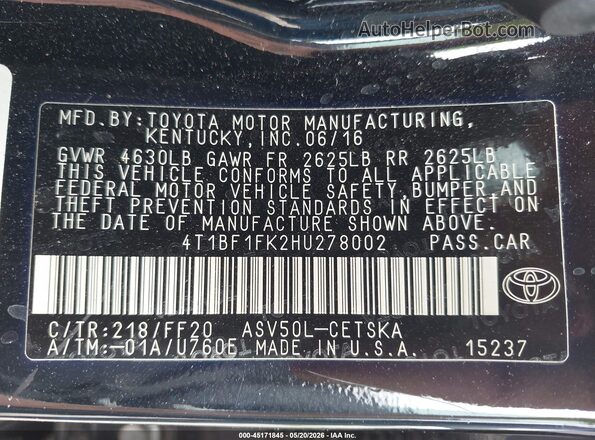 4T1BF1FK2HU278002 2017 TOYOTA CAMRY Black Widok komory silnika