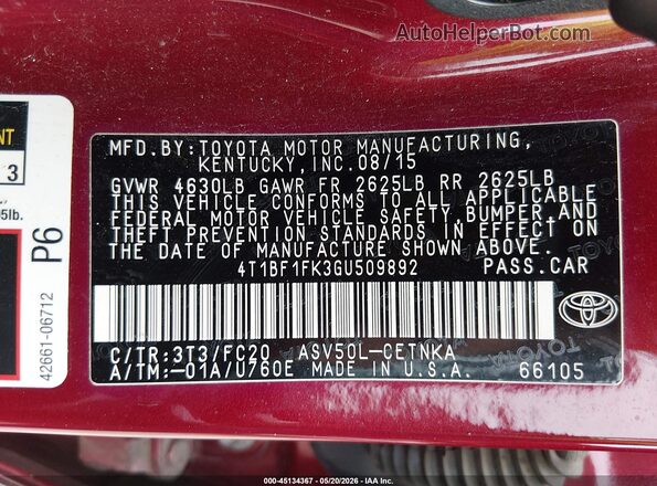 4T1BF1FK3GU509892 2016 TOYOTA CAMRY Red Engine compartment view
