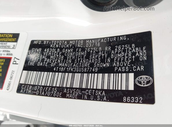 4T1BF1FK3GU587749 2016 TOYOTA CAMRY White Вид підкапотного простору