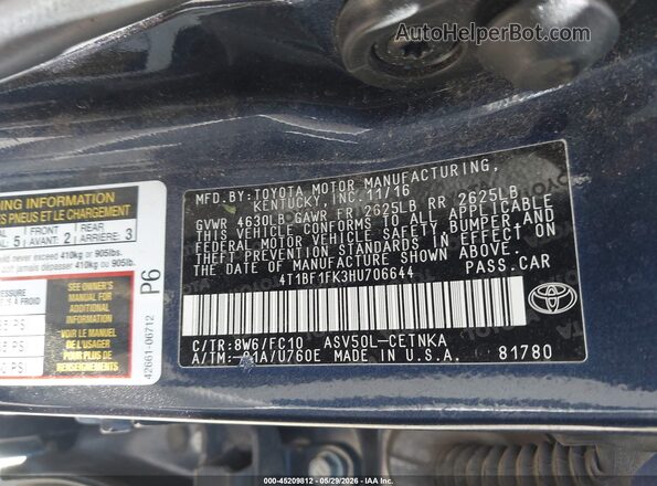 4T1BF1FK3HU706644 2017 TOYOTA CAMRY Blue Engine compartment view