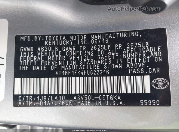 4T1BF1FK4HU622316 2017 TOYOTA LE Серебряный 