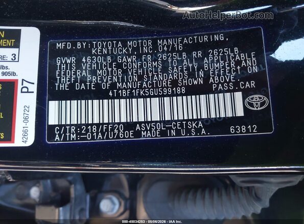 4T1BF1FK5GU599188 2016 TOYOTA CAMRY Черный 