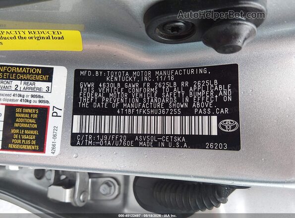 4T1BF1FK5HU367255 2017 TOYOTA CAMRY Silver Vista del compartimento del motor